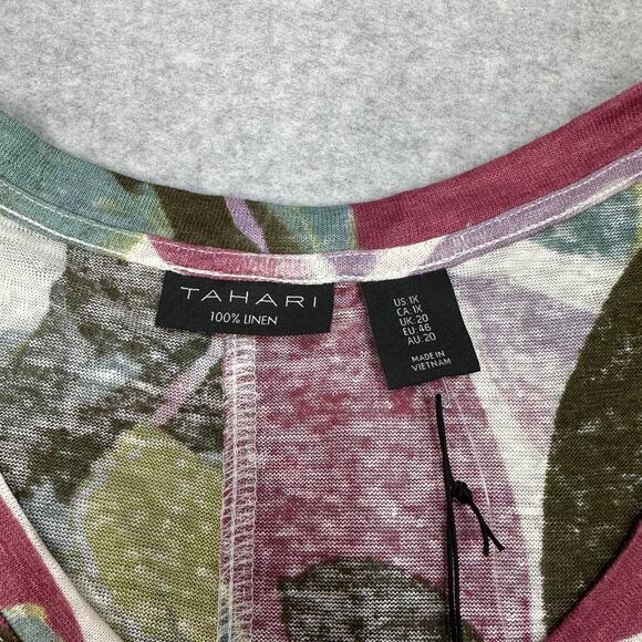 Tahari 100% Linen T-Shirt WMNS 1X Multicolor Floral V-Neck Pullover Short Sleeve - Picture 4 of 6